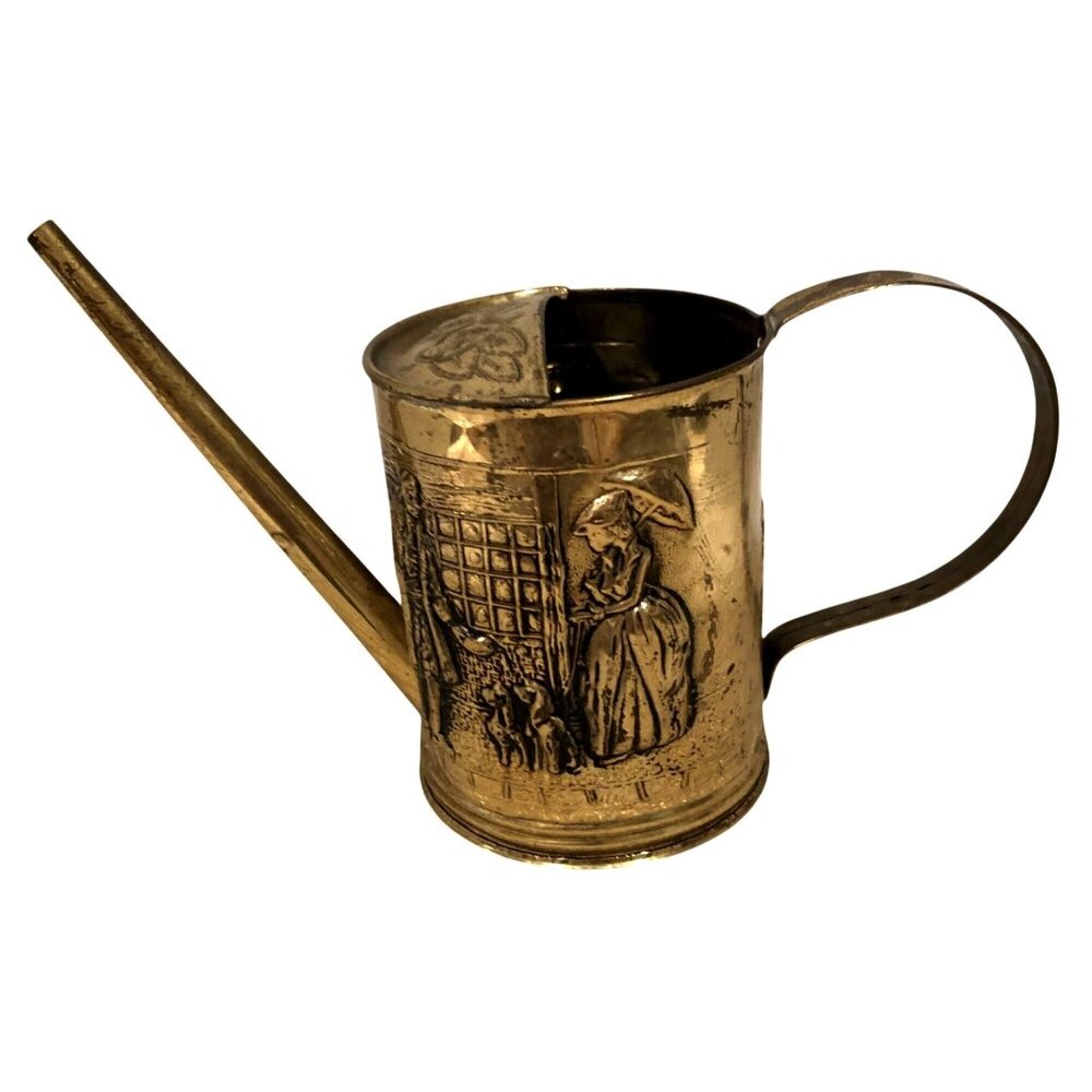 Vintage Brass Decorative Watering Can With Embossed Colonial Scene Design